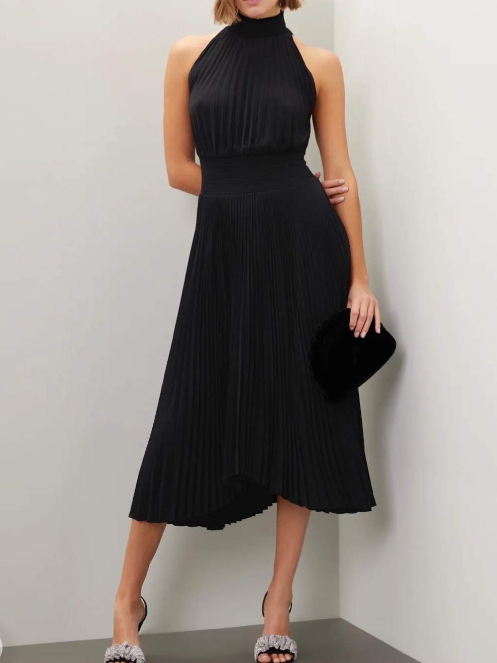 A.L.C. Renzo Sleeveless A Line Dress Black Pleated High-Neck Curved Hem Size 8